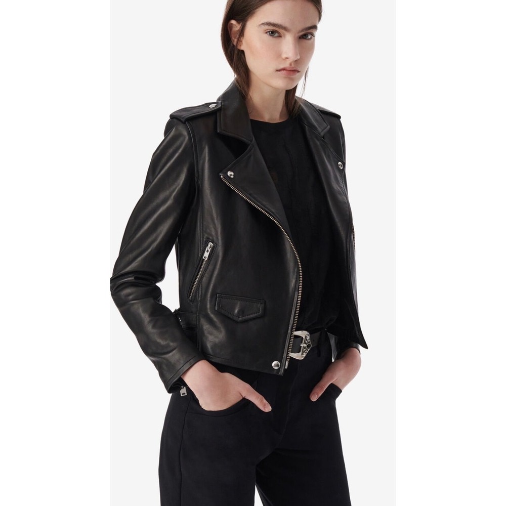 IRO Black Leather Moto Jacket Silver‎ Zippers Belted Waist Women's Size 42
